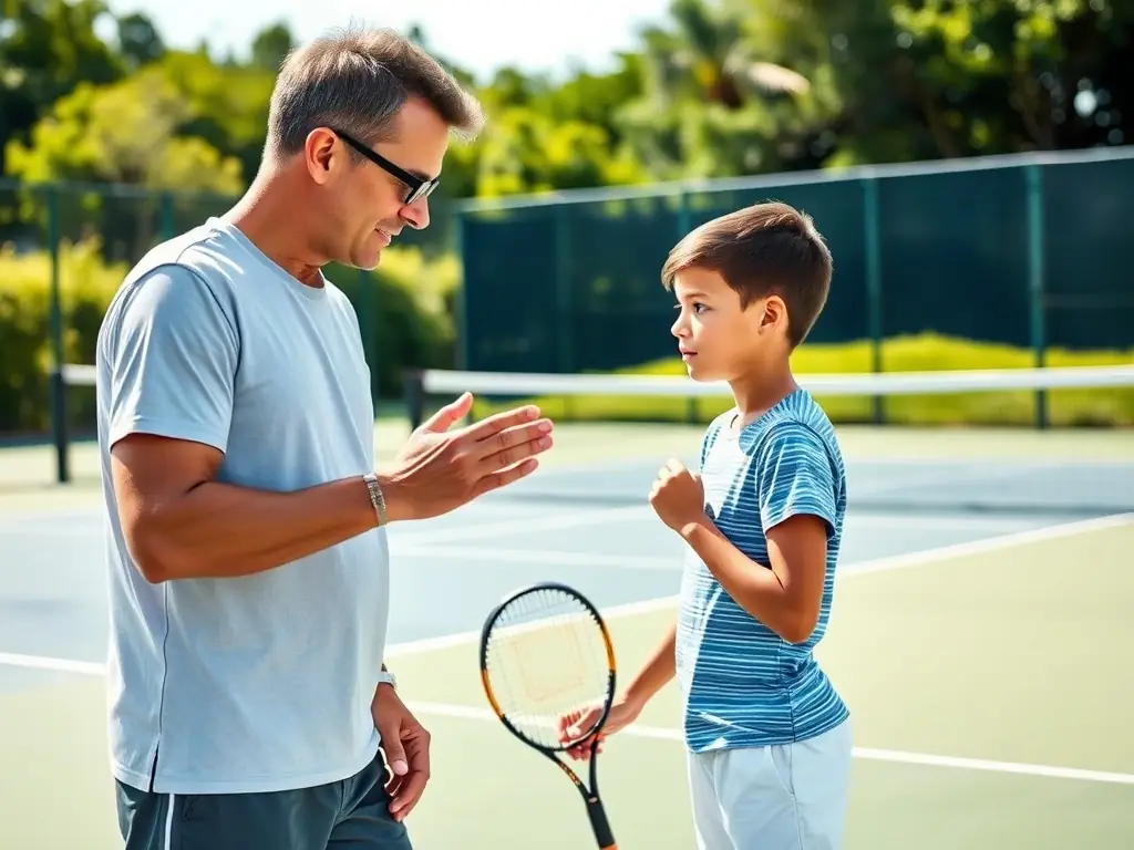 A dynamic image of a tennis coach providing personalized instruction to a player, emphasizing technique refinement and strategic gameplay on the court.