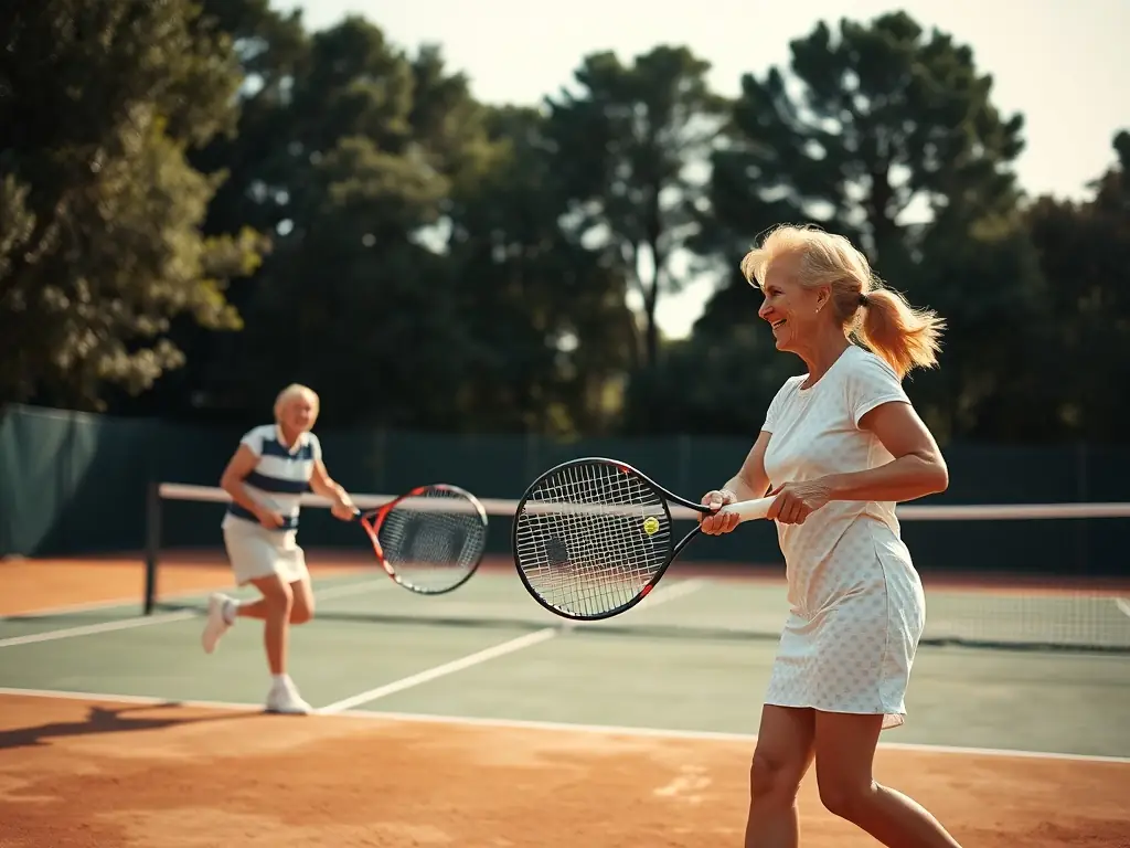 An image of adults participating in a friendly doubles match on a clay court, emphasizing the social and recreational aspects of tennis.