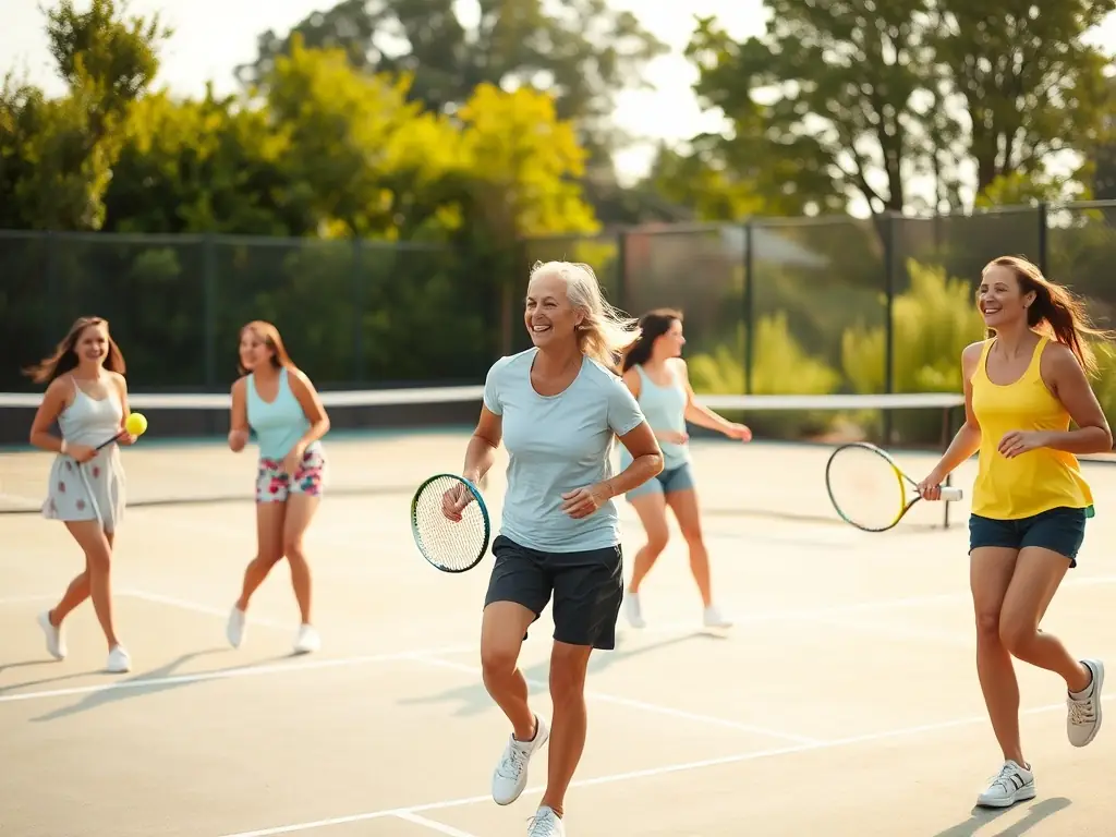A photograph of a group of adult tennis players participating in a friendly doubles match on a well-maintained court, showcasing teamwork, camaraderie, and the enjoyment of playing tennis together.