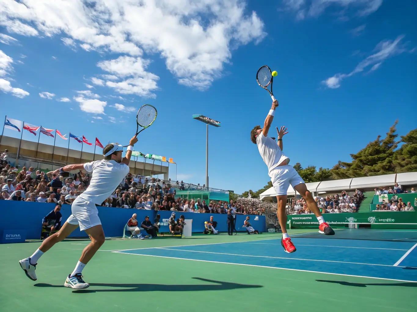An action shot of adult players engaged in a competitive tennis match, showcasing skill, strategy, and sportsmanship on a well-maintained court.