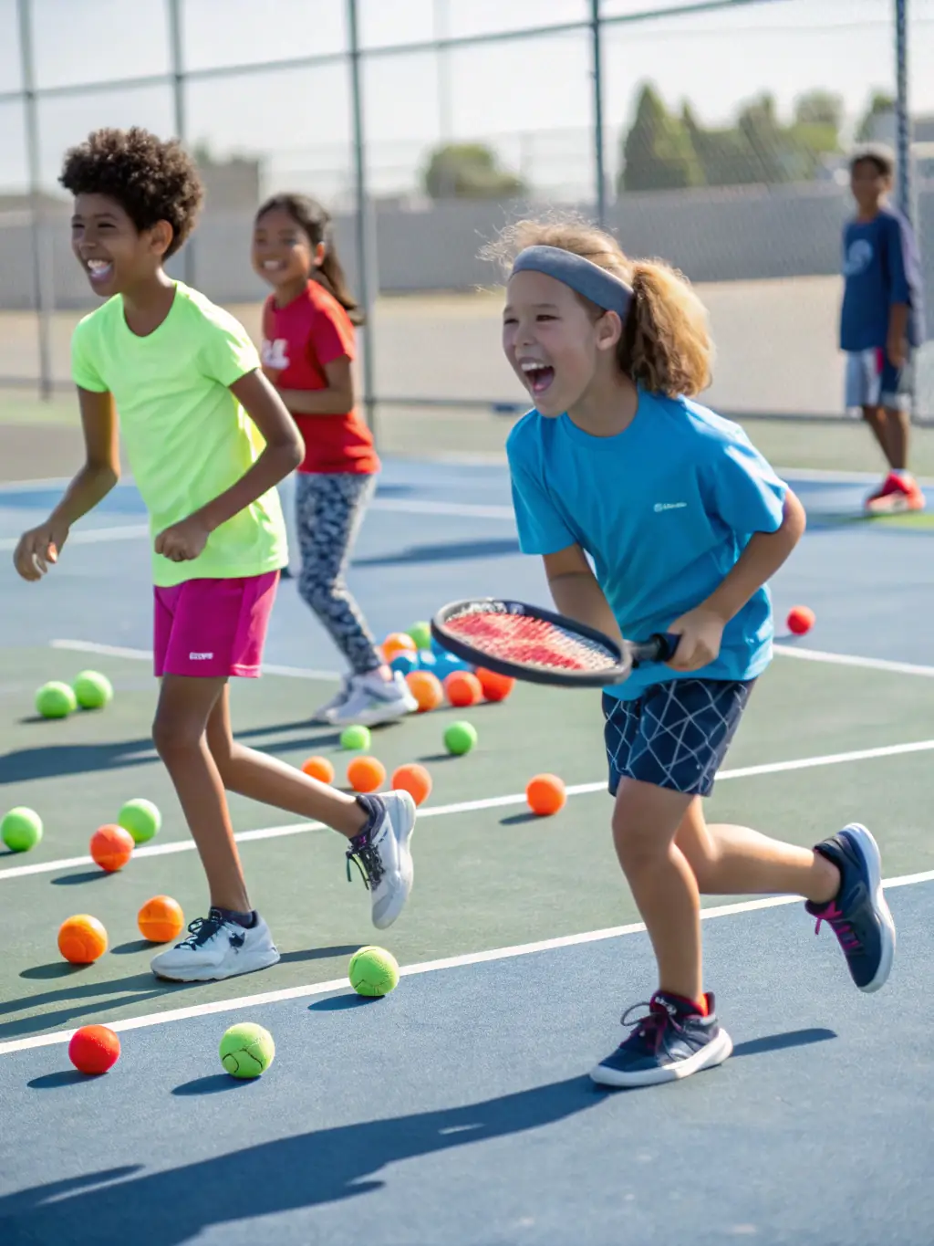 Participants in a tennis camp at CENT DEPARTEMENTAL DE TENNIS, smiling and engaged in a drill, illustrating the fun and engaging environment of the camps.