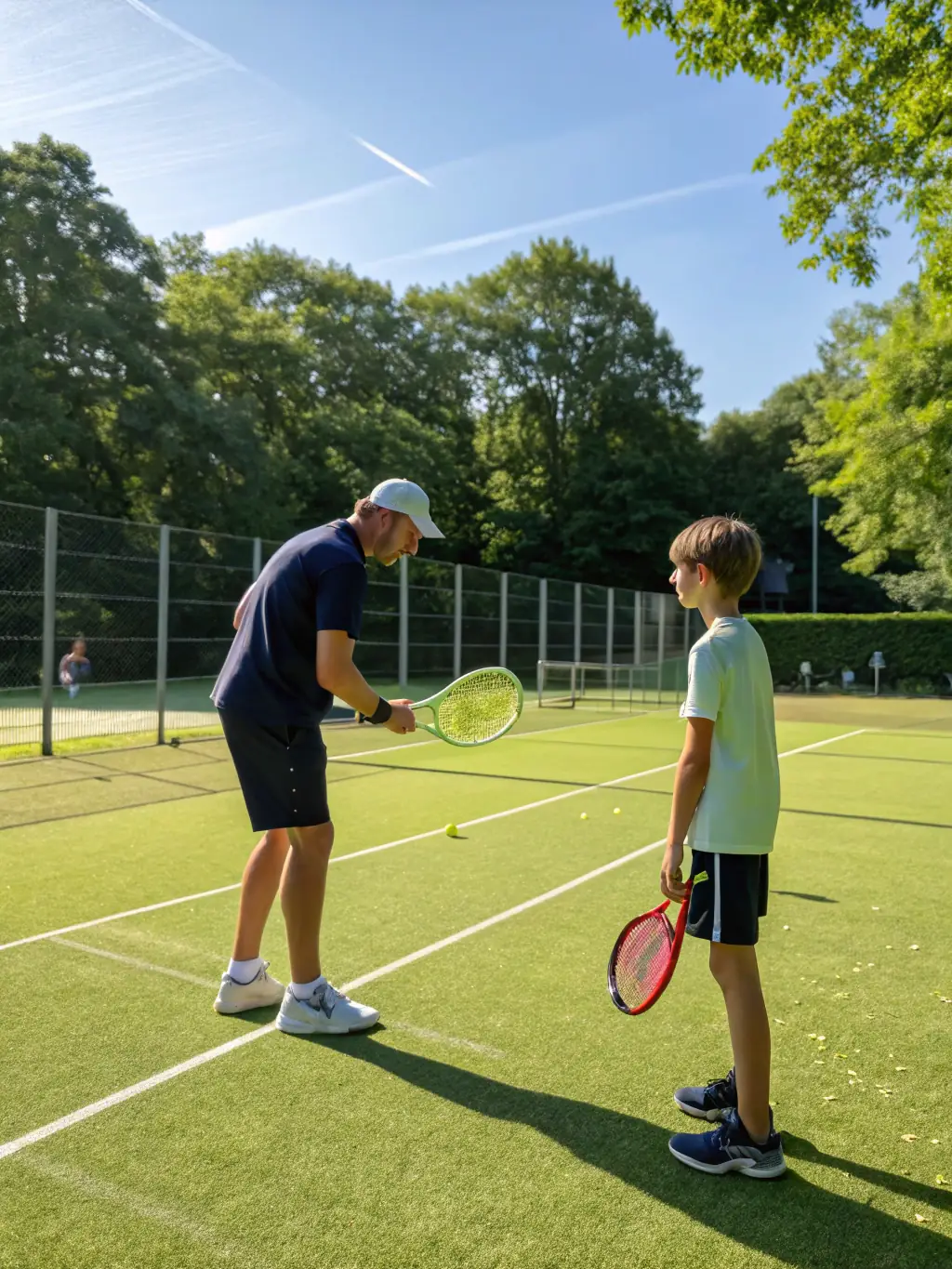 A coach providing personalized instruction to a tennis player at CENT DEPARTEMENTAL DE TENNIS, highlighting the individualized attention and expert guidance available.