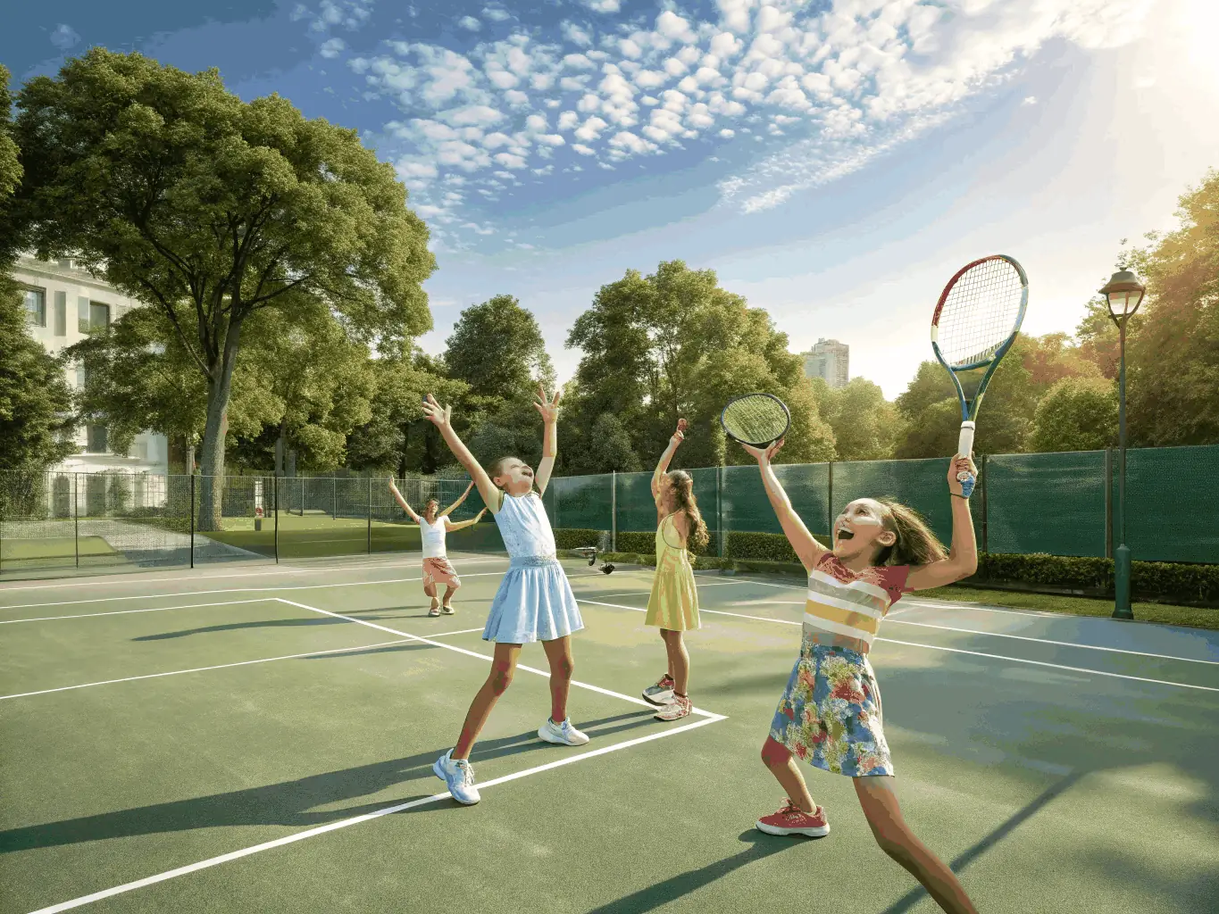 A vibrant image of young children participating in a beginner tennis clinic, focusing on fun and fundamental skills, set against a sunny outdoor court.