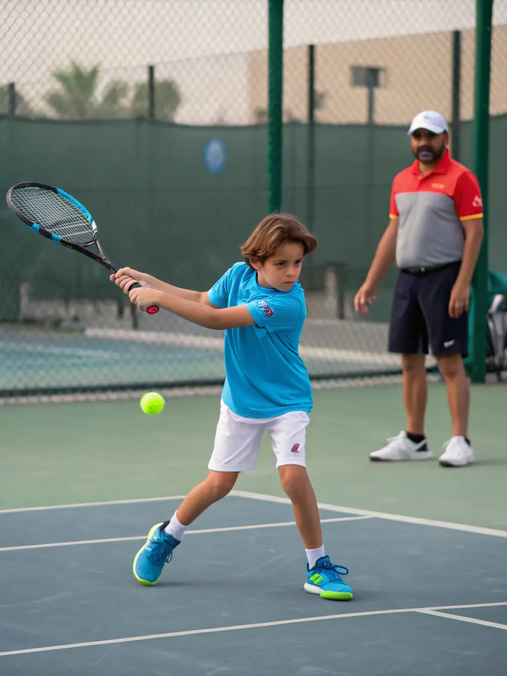 A young tennis player intensely focused on hitting a forehand during a training session at CENT DEPARTEMENTAL DE TENNIS, demonstrating the dedication and skill development fostered by the program.