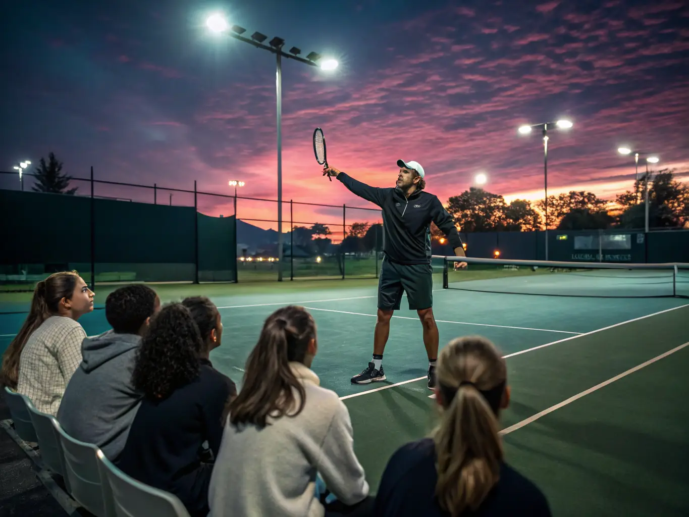 A dynamic shot of a junior tennis tournament, showcasing young players in action with coaches providing guidance on the sidelines.