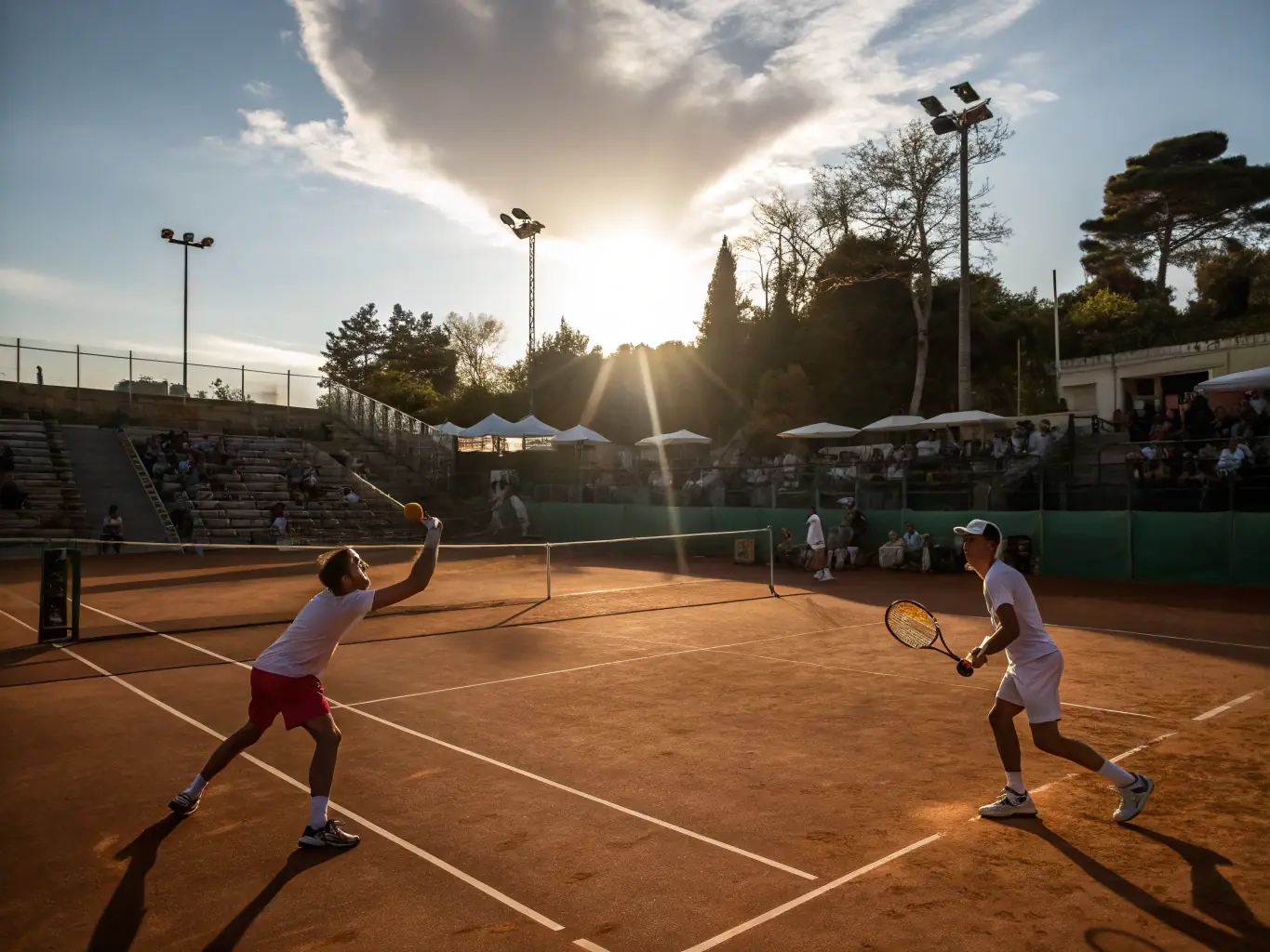 An image capturing the intensity and excitement of a local tennis competition, showing players in action during a match, with spectators cheering in the background. The scene should highlight the competitive spirit and community involvement.