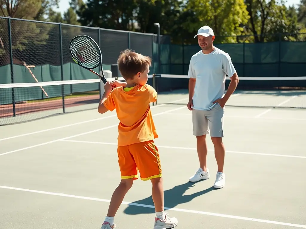 A focused image of a coach providing personalized instruction to a player during a private tennis lesson, highlighting the benefits of individualized training.